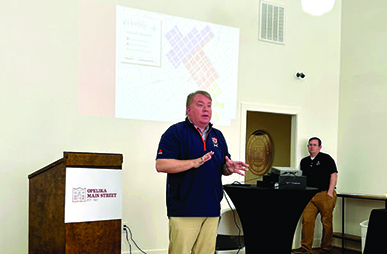 Jeremy Arthur speaks to a group of visiting Wyoming Main Street members at a Best Practices Workshop hosted by Opelika Main Street