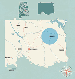 Map of Alabama zooming in on Elmore County and where Eclectic is located.