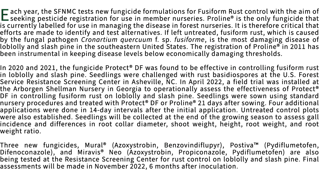 Each year, the SFNMC tests new fungicide formulations for Fusiform Rust control with the aim of seeking pesticide reg...