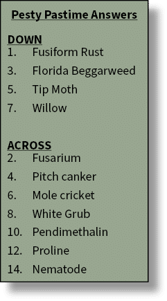 Pesty Pastime Answers DOWN 1. Fusiform Rust 3. Florida Beggarweed 5. Tip Moth 7. Willow ACROSS 2. Fusarium 4. Pitch c...