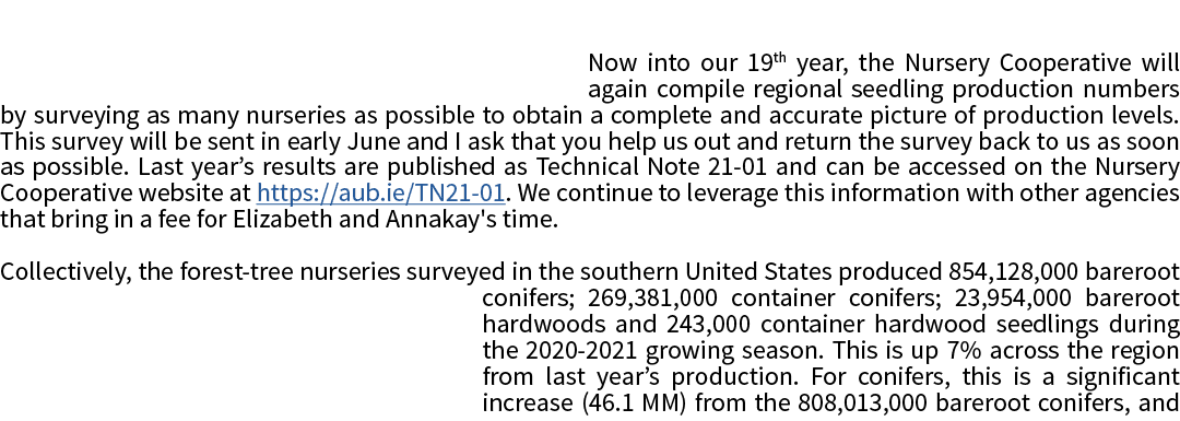  Now into our 19th year, the Nursery Cooperative will again compile regional seedling production numbers by surveying   