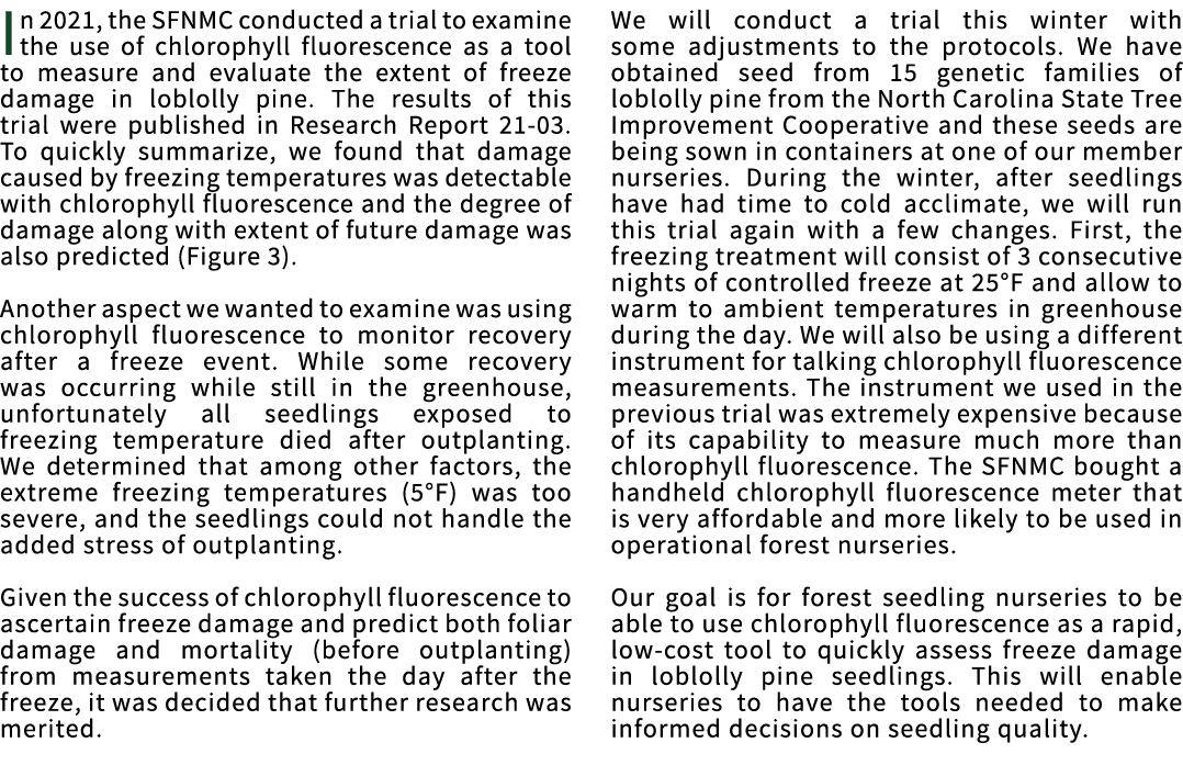 In 2021, the SFNMC conducted a trial to examine the use of chlorophyll fluorescence as a tool to measure and evaluate   