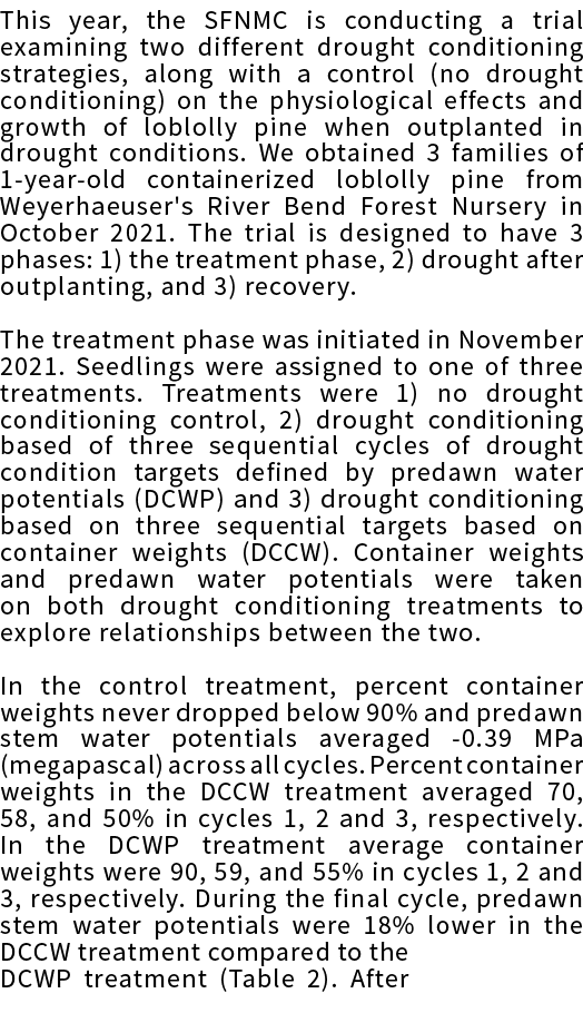 This year, the SFNMC is conducting a trial examining two different drought conditioning strategies, along with a cont   