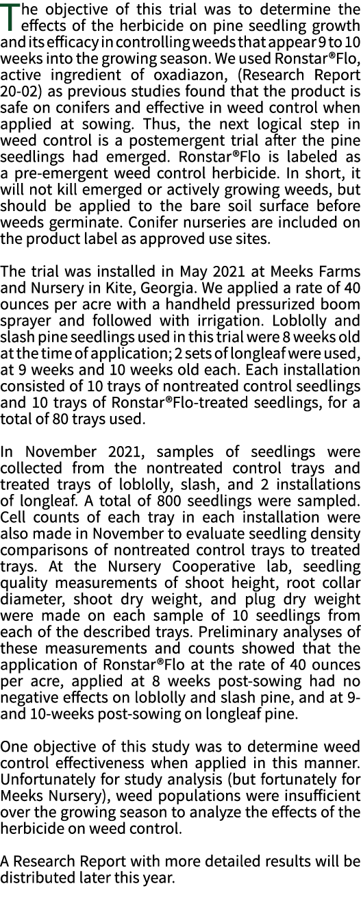 The objective of this trial was to determine the effects of the herbicide on pine seedling growth and its efficacy in   