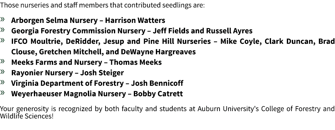 Those nurseries and staff members that contributed seedlings are:   Arborgen Selma Nursery   Harrison Watters   Georg   