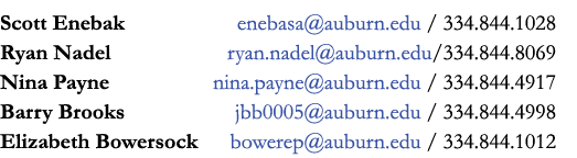 Scott Enebak enebasa@auburn.edu / 334.844.1028 Ryan Nadel ryan.nadel@auburn.edu/334.844.8069 Nina Payne nina.payne@au...