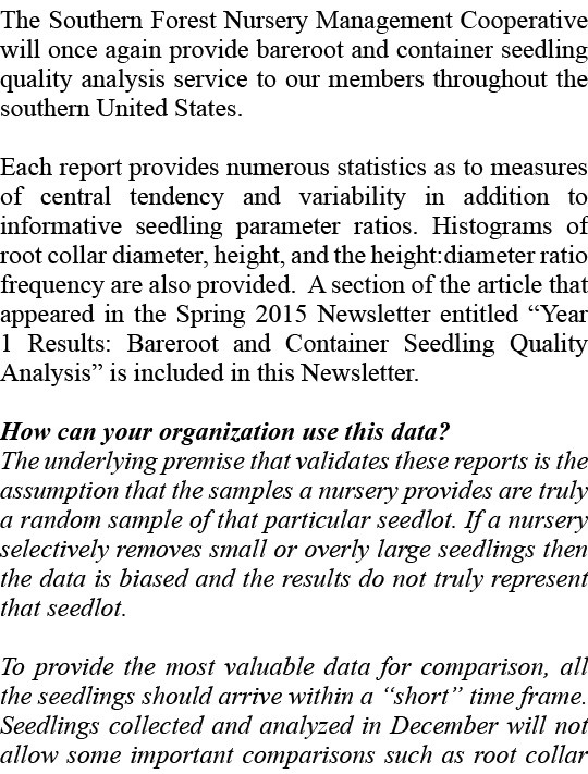 The Southern Forest Nursery Management Cooperative will once again provide bareroot and container seedling quality an...