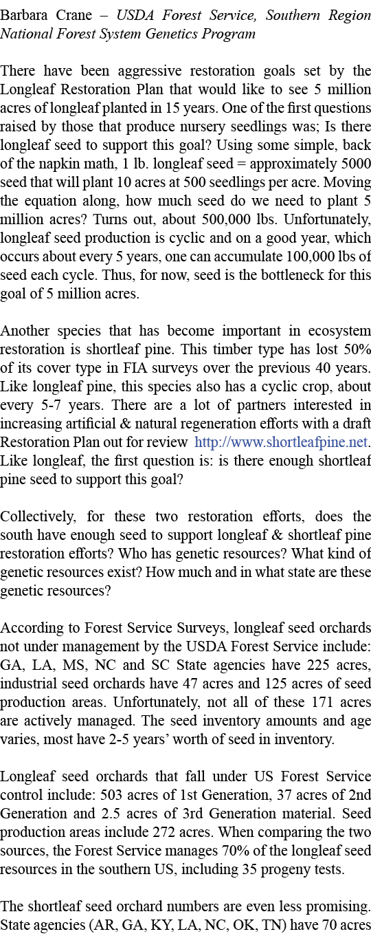 Barbara Crane – USDA Forest Service, Southern Region National Forest System Genetics Program There have been aggressi...