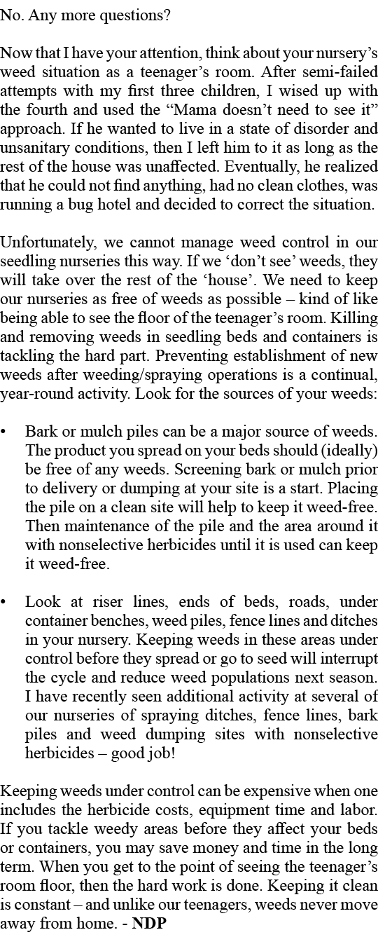 No. Any more questions? Now that I have your attention, think about your nursery’s weed situation as a teenager’s roo...