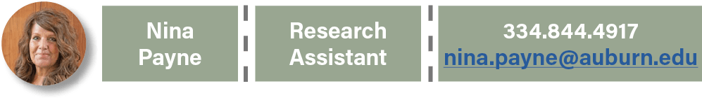 Nina Payne,Research Assistant,334.844.4917 nina.payne@auburn.ed