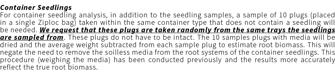 Container Seedlings For container seedling analysis, in addition to the seedling samples, a sample of 10 plugs (place...
