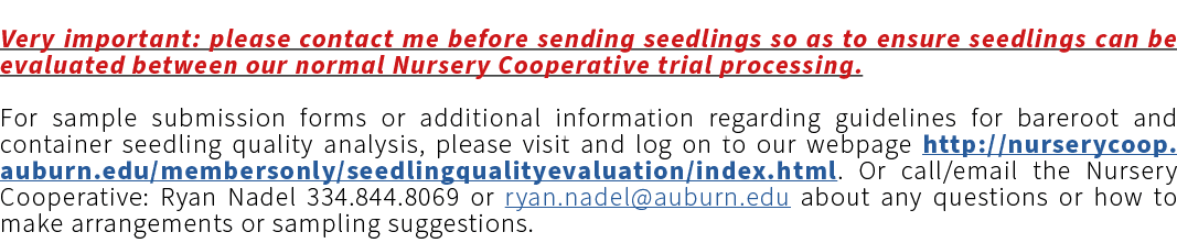 Very important: please contact me before sending seedlings so as to ensure seedlings can be evaluated between our nor...