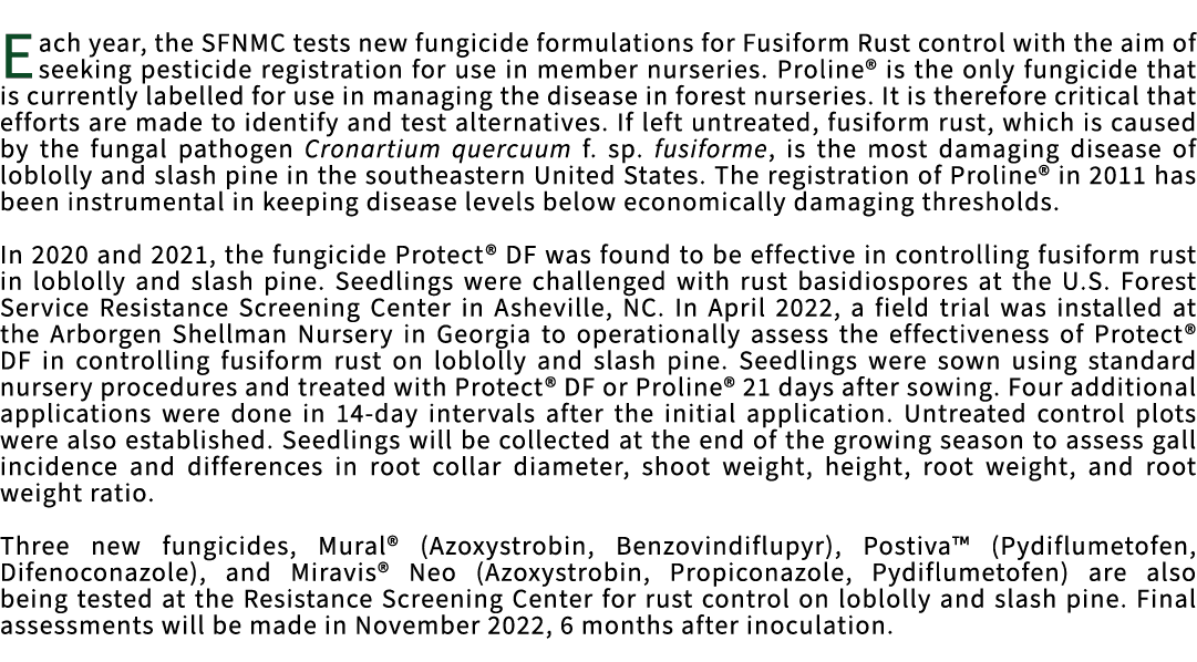 Each year, the SFNMC tests new fungicide formulations for Fusiform Rust control with the aim of seeking pesticide reg...