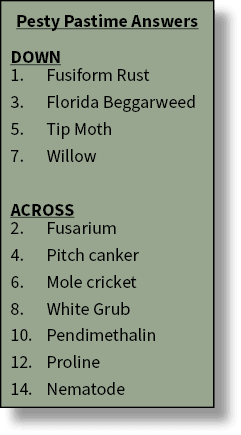 Pesty Pastime Answers DOWN 1. Fusiform Rust 3. Florida Beggarweed 5. Tip Moth 7. Willow ACROSS 2. Fusarium 4. Pitch c...