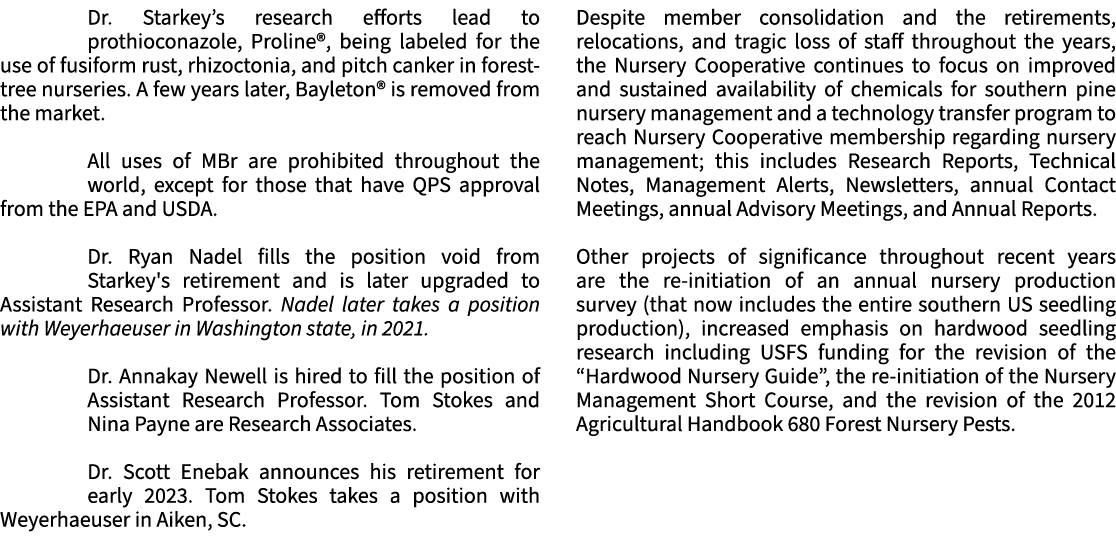 Dr. Starkey’s research efforts lead to prothioconazole, Proline®, being labeled for the use of fusiform rust, rhizoct...