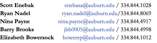 Scott Enebak enebasa@auburn.edu / 334.844.1028 Ryan Nadel ryan.nadel@auburn.edu/334.844.8069 Nina Payne nina.payne@au...