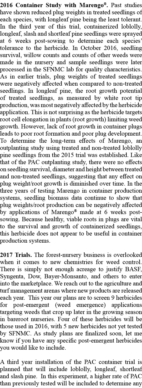 2016 Container Study with Marengo®. Past studies have shown reduced plug weights in treated seedlings of each species...