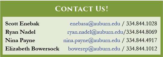 Scott Enebak enebasa@auburn.edu / 334.844.1028 Ryan Nadel ryan.nadel@auburn.edu/334.844.8069 Nina Payne nina.payne@au...