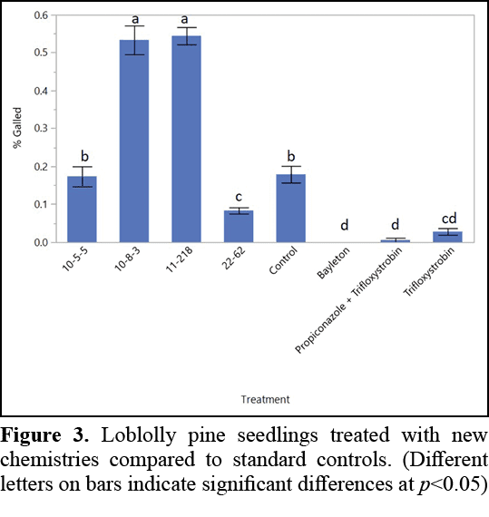 Figure 3. Loblolly pine seedlings treated with new chemistries compared to standard controls. (Different letters on b...