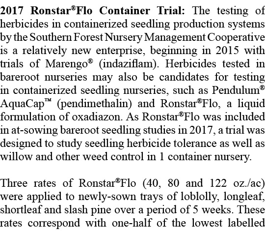 2017 Ronstar®Flo Container Trial: The testing of herbicides in containerized seedling production systems by the South...