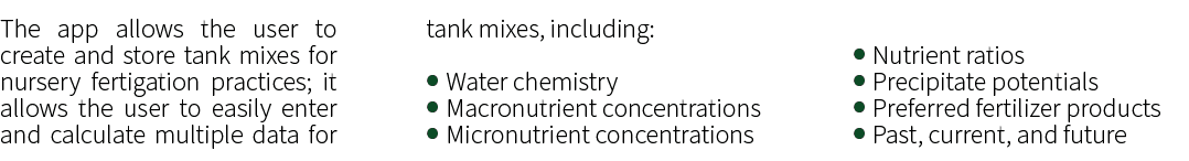 ﻿The app allows the user to create and store tank mixes for nursery fertigation practices; it allows the user to easi...