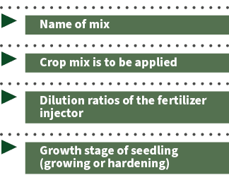 ▶ Name of mix ▶ Crop mix is to be applied ▶ Dilution ratios of the fertilizer injector ▶ Growth stage of seedling (gr...