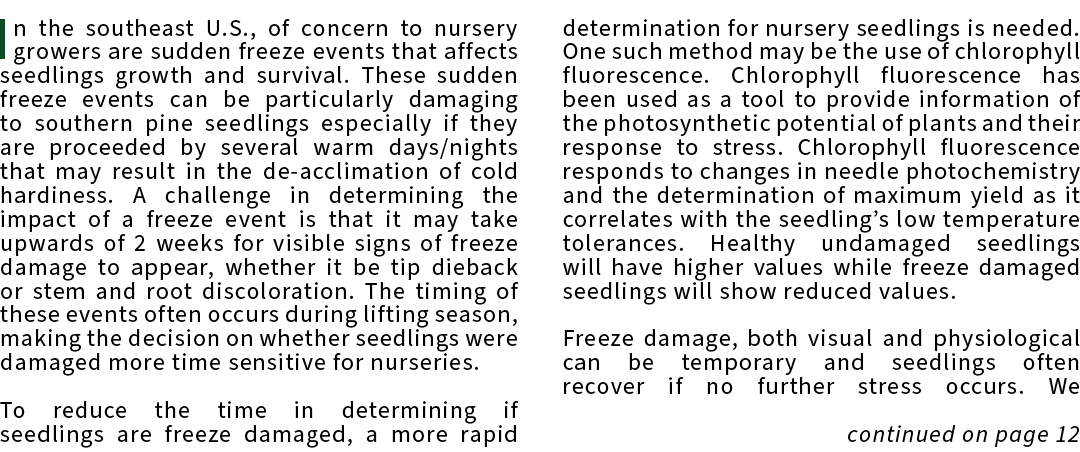 In the southeast U.S., of concern to nursery growers are sudden freeze events that affects seedlings growth and survi...