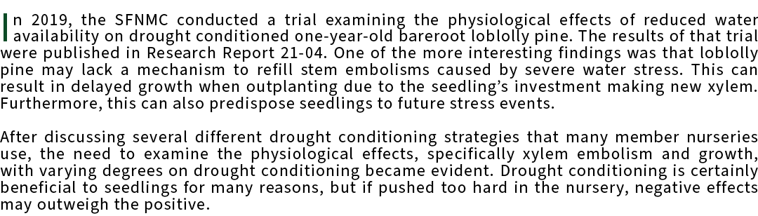 In 2019, the SFNMC conducted a trial examining the physiological effects of reduced water availability on drought con...