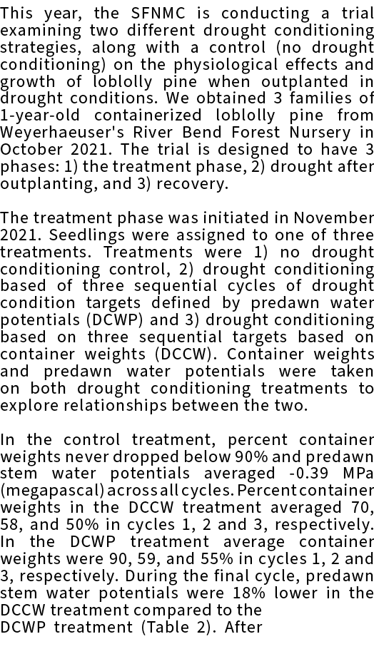 This year, the SFNMC is conducting a trial examining two different drought conditioning strategies, along with a cont...