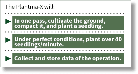 The Plantma X will: ▶ In one pass, cultivate the ground, compact it, and plant a seedling. ▶ Under perfect conditions...