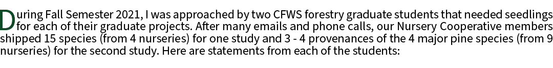 During Fall Semester 2021, I was approached by two CFWS forestry graduate students that needed seedlings for each of ...