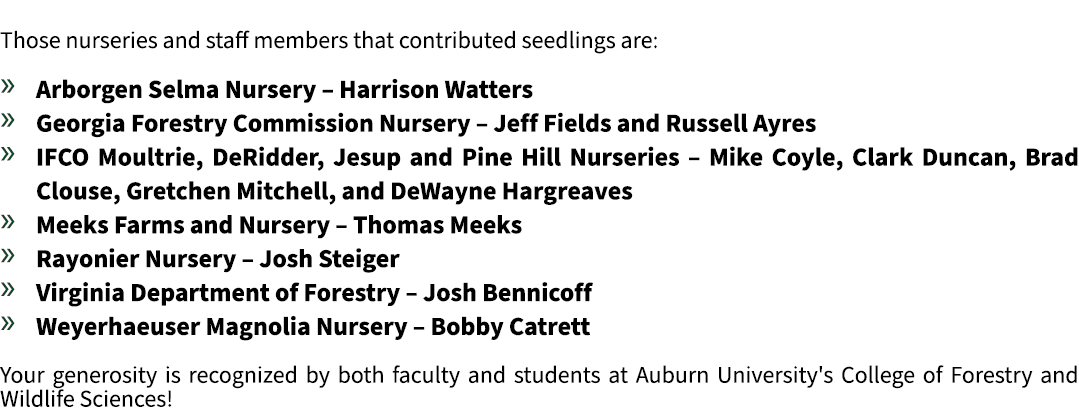 Those nurseries and staff members that contributed seedlings are: » Arborgen Selma Nursery – Harrison Watters » Georg...
