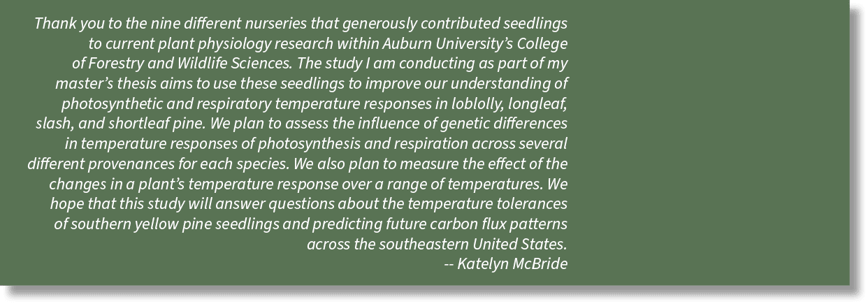 Thank you to the nine different nurseries that generously contributed seedlings to current plant physiology research ...
