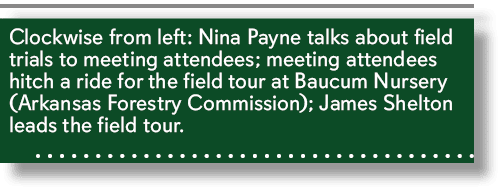 Clockwise from left: Nina Payne talks about field trials to meeting attendees; meeting attendees hitch a ride for the...