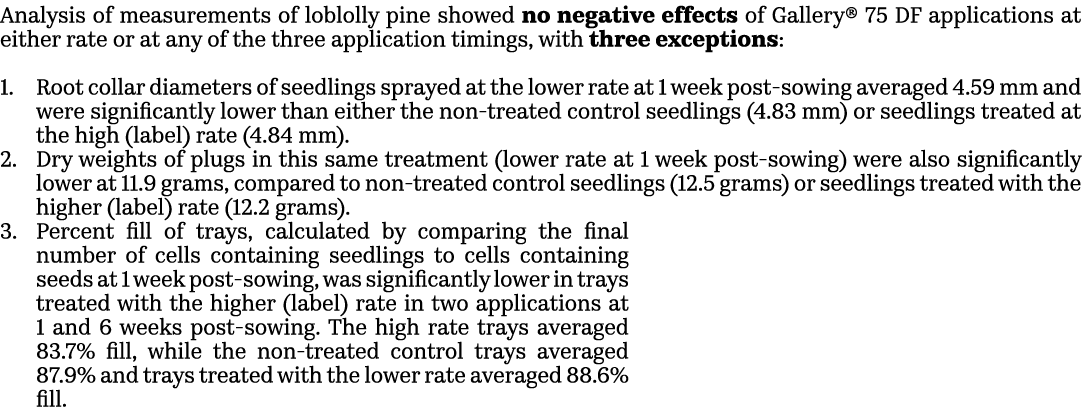 Analysis of measurements of loblolly pine showed no negative effects of Gallery® 75 DF applications at either rate or...