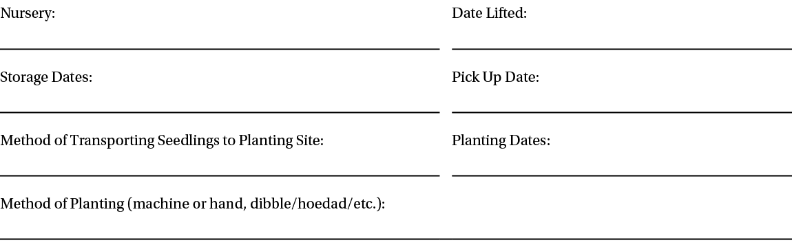 Nursery:,,Date Lifted:,,,, Storage Dates:,, Pick Up Date:,,,, Method of Transporting Seedlings to Planting Site:,, Pl...