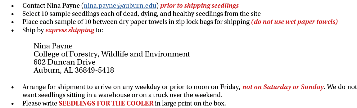 • Contact Nina Payne (nina.payne@auburn.edu) prior to shipping seedlings • Select 10 sample seedlings each of dead, d...