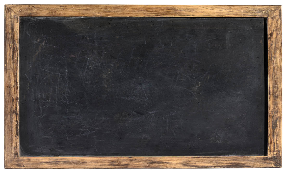 Vintage blank blackboard or school slate used by children during class and for homework with a weathered wooden frame isolated on white