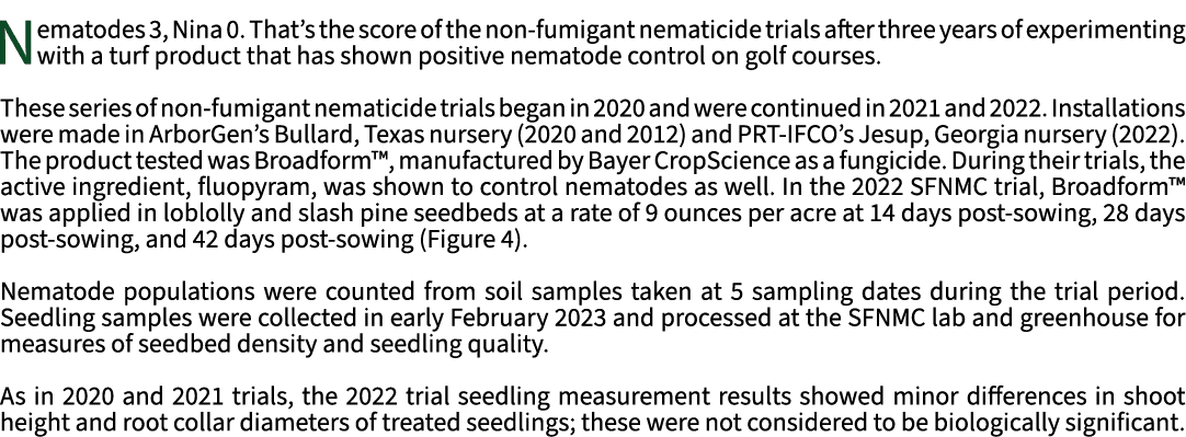 Nematodes 3, Nina 0. That’s the score of the non fumigant nematicide trials after three years of experimenting with a...