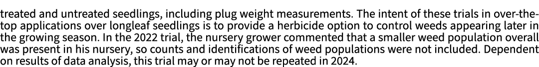 treated and untreated seedlings, including plug weight measurements. The intent of these trials in over the top appli...