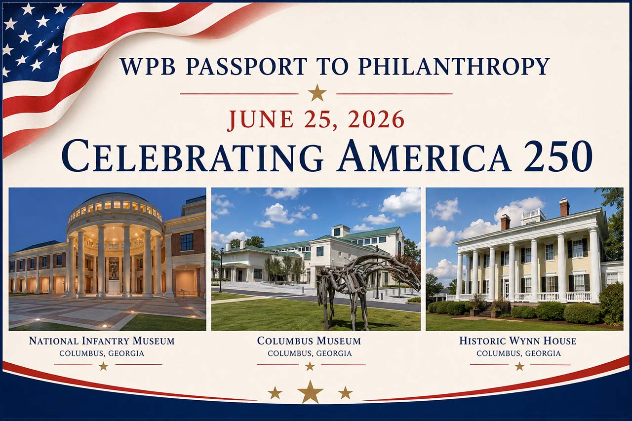 WPB Passpor to Philanthropy Celebrating America 250 graphic image of National Infantry Museum, Columbus Museum, and Historic Wynn House 