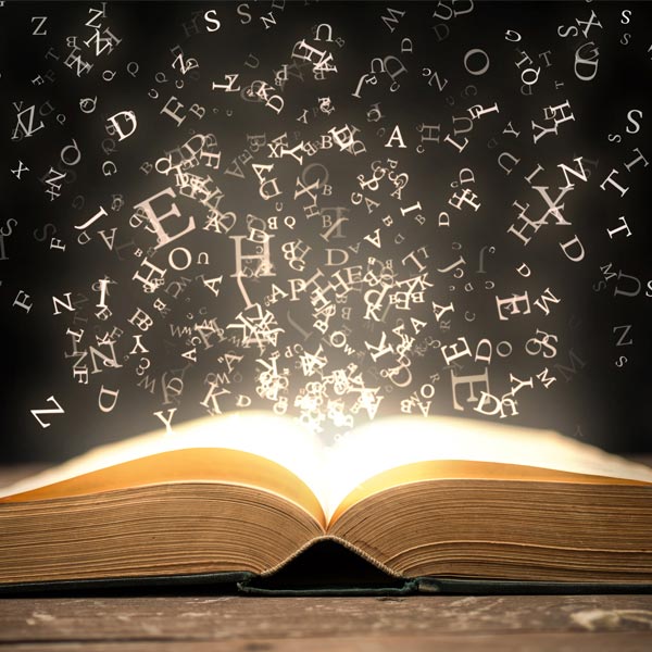 An old book is pictured with words above it
