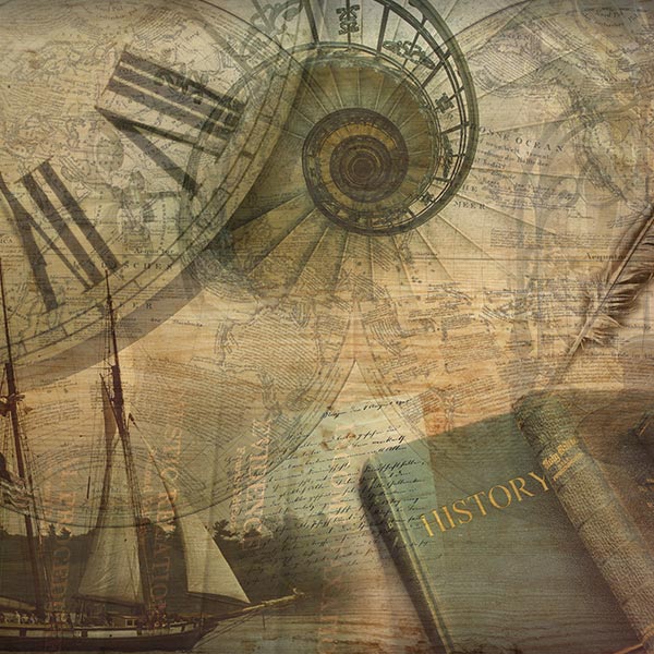 A worn collage showing a clock, ship, books, and staircase.