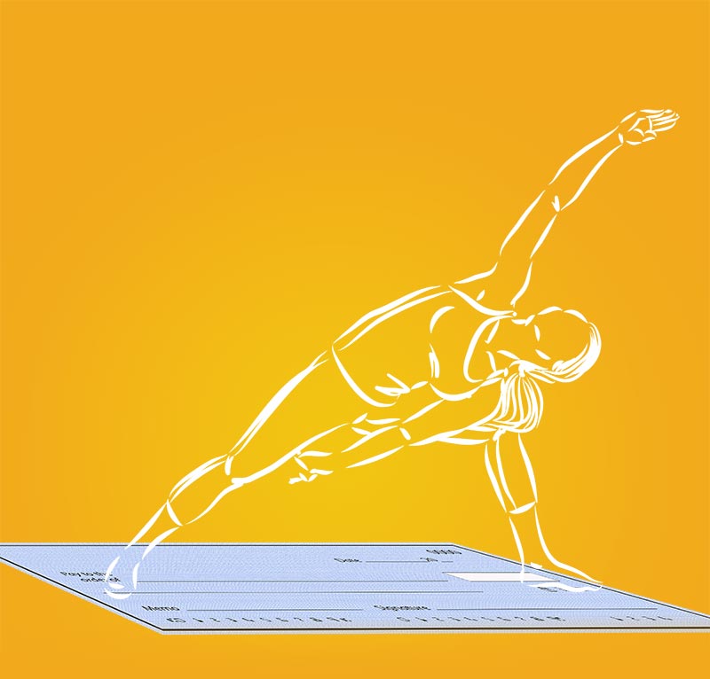 A person stretches on top of a large check