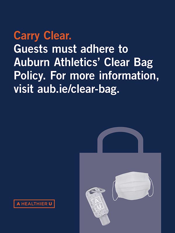 Carry clear. Guests must adhere to Auburn Athletics' clear bag policy.