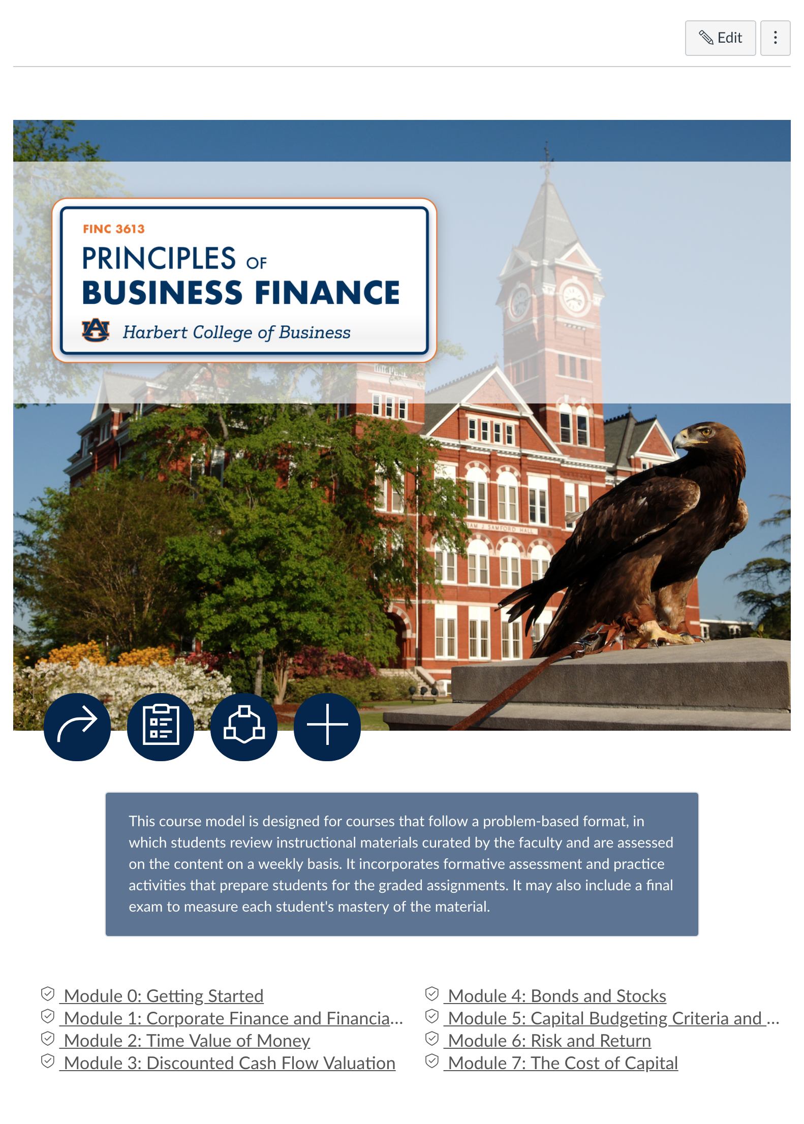 Screenshot of course home page.