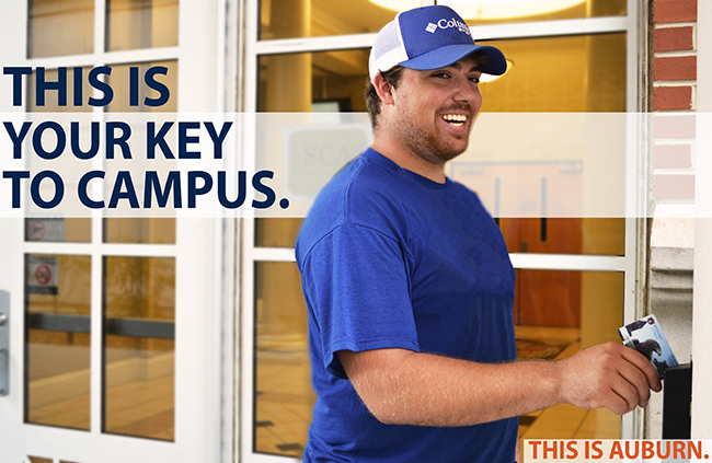 This Is Your Key To Campus. Student using card to access building image.