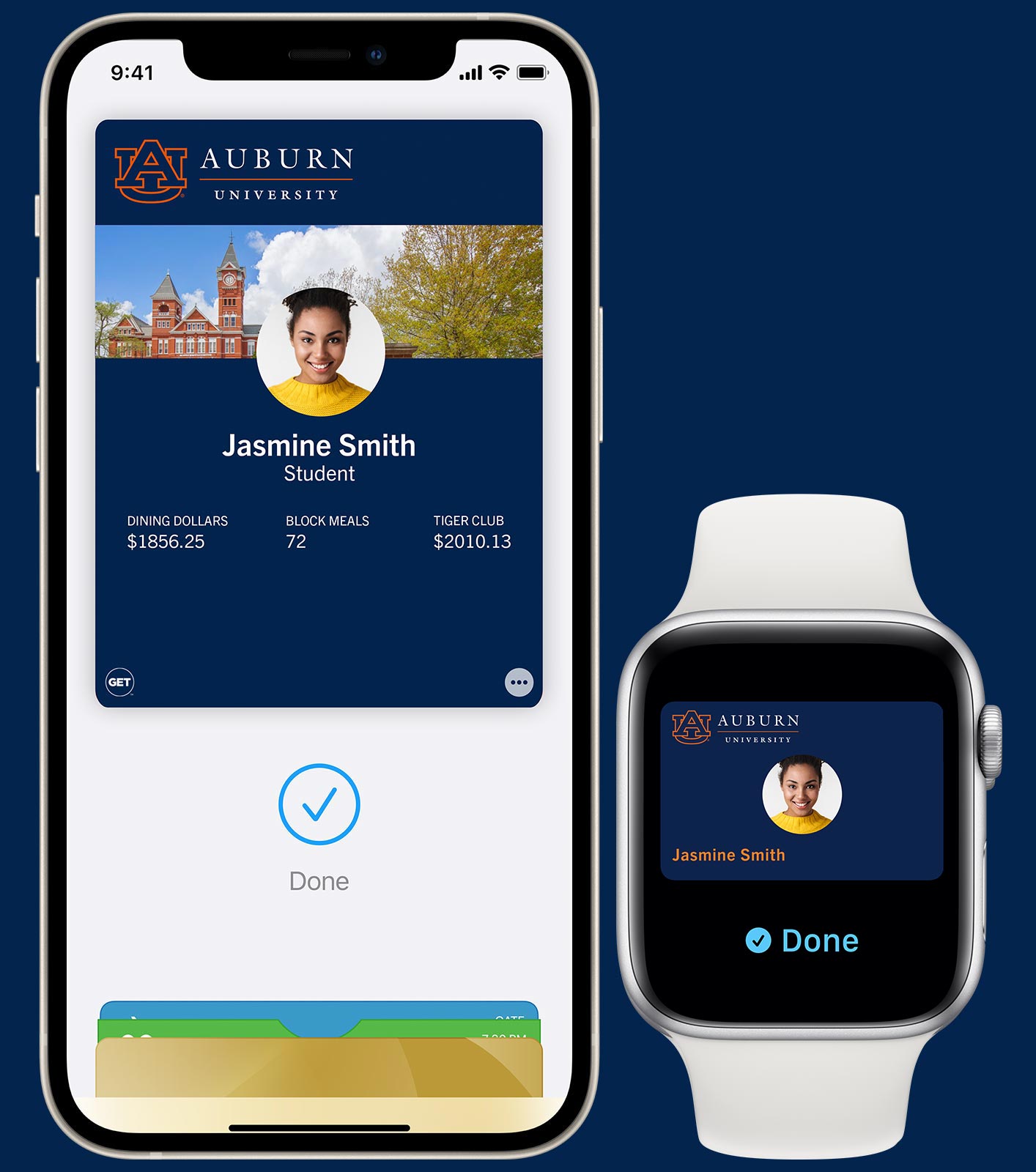 An iPhone and Apple Watch with sample screens displayed.