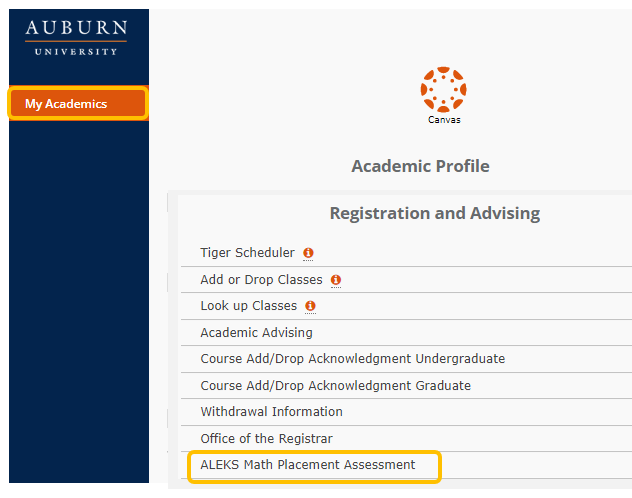 AU Access &gt; My Academics &gt; ALEKS Math Placement Assessment