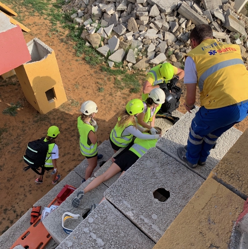Students participating in an emergency drill